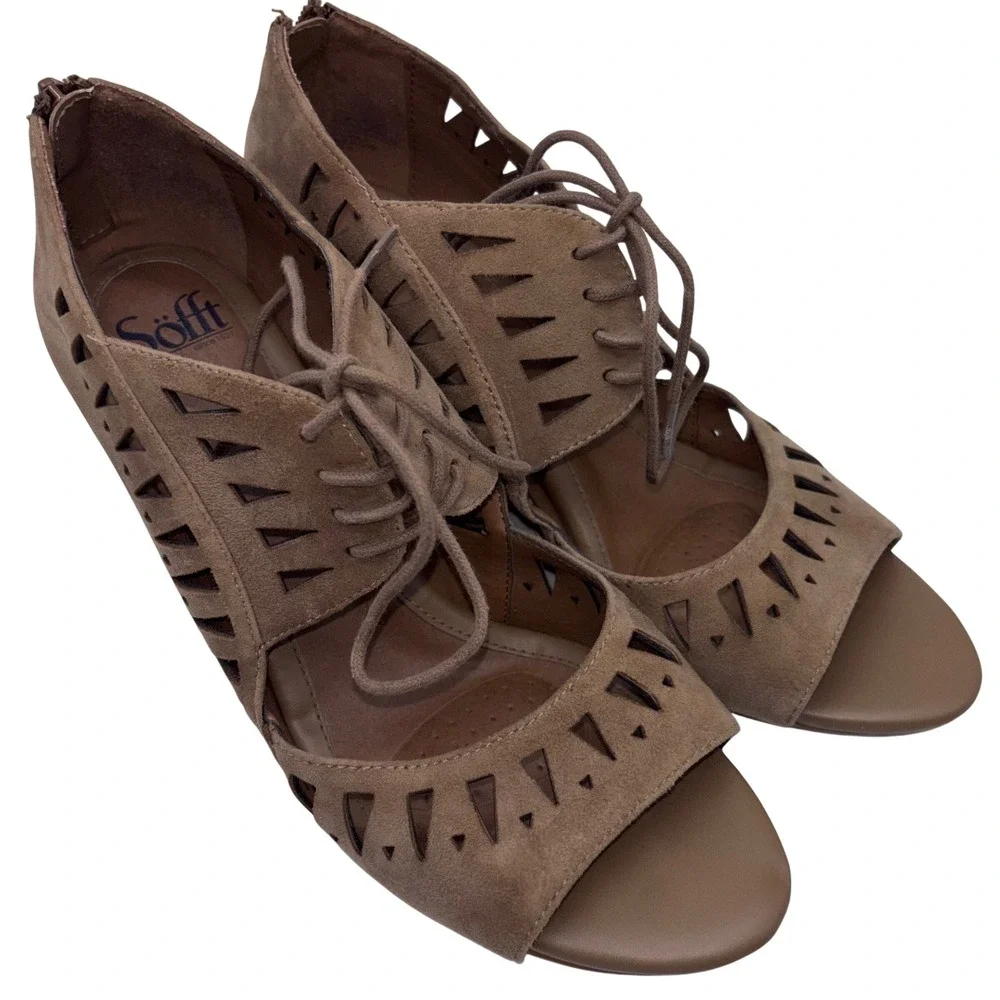 Sofft Womens 11 Taupe Suede Laser Cut Lace Up Wedge Sandals‎ Boho Chic
